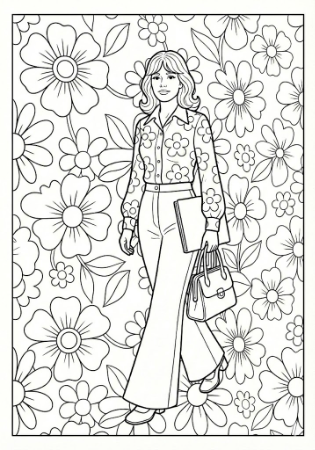 昭和レトロ・70年代ファッションの塗り絵。パンタロンを履いた長髪の女性と花柄の背景