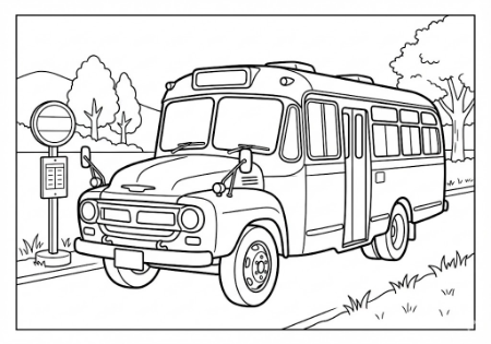 昭和30年代のボンネットバスとバス停の塗り絵。高齢者向け回想レク素材
