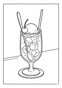 昭和レトロなメロンクリームソーダの塗り絵。アイスクリームとさくらんぼが乗ったグラスの線画イラスト