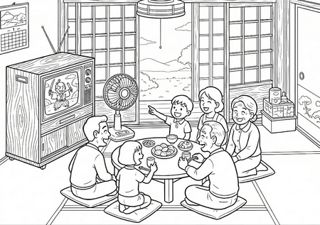 昭和の茶の間でテレビを見る三世代家族の塗り絵。白黒テレビ、扇風機、ちゃぶ台のある懐かしい風景イラスト