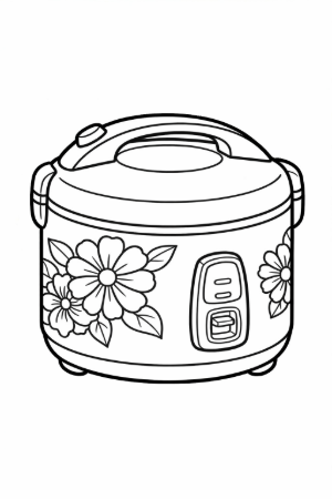 昭和レトロな花柄炊飯器の塗り絵。丸みを帯びたボディに大きな花が描かれた線画イラスト