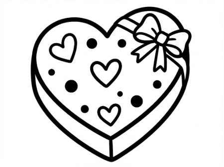 大きなハート型の箱に入ったチョコレートとリボンの子供向けシンプル塗り絵