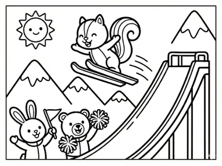 ウサギ、クマ、リスがスキージャンプで空を飛んでいる子供向けのシンプルでかわいい塗り絵