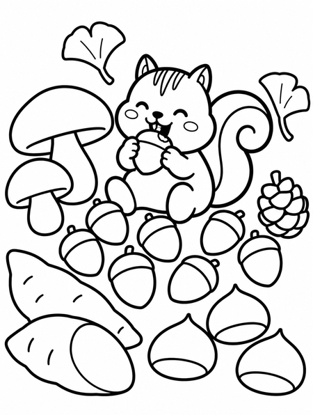 どんぐりを頬ばるりすとキノコ、サツマイモ、くりの子供向け塗り絵線画