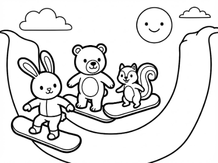 ウサギ、クマ、リスがスノーボードを楽しんでいる子供向けのかわいい塗り絵