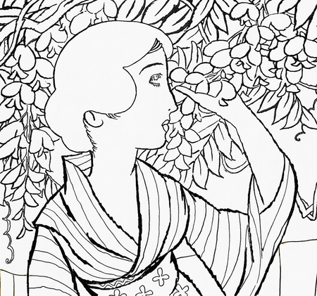 竹久夢二「五月(藤の花)」の塗り絵の無料ぬりえ画像