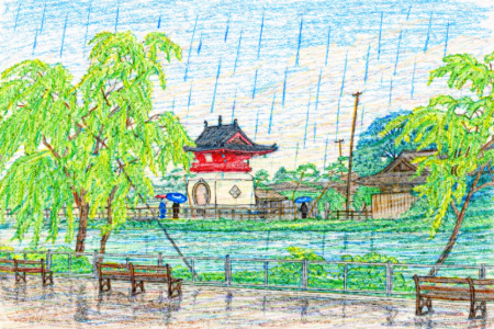 川瀬巴水・不忍池の雨の塗り絵見本。雨線を強調したタッチ