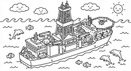 地球深部探査船の塗り絵。高いやぐらとヘリポートがある科学掘削船と、周りを泳ぐかわいいイルカたち