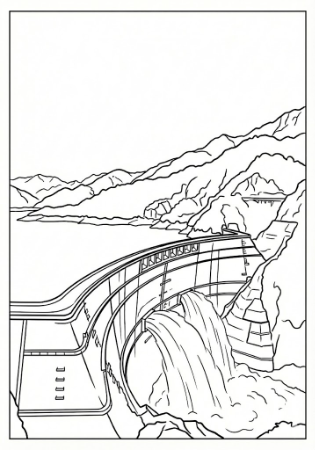 富山県黒部ダムの観光放水の様子を描いた大人の塗り絵。アーチ式ダムと放水の線画