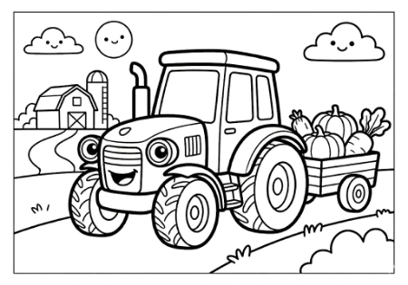 元気に働くトラクターと収穫した野菜の子供向け塗り絵イラスト