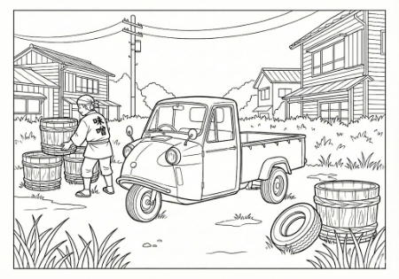 昭和レトロな三輪トラックの塗り絵。味噌屋の空き地にとまるオート三輪と積み上げられた樽の線画イラスト