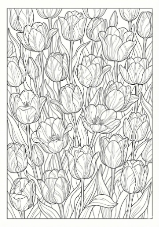 画面いっぱいに咲き乱れるチューリップ畑の大人向け塗り絵線画
