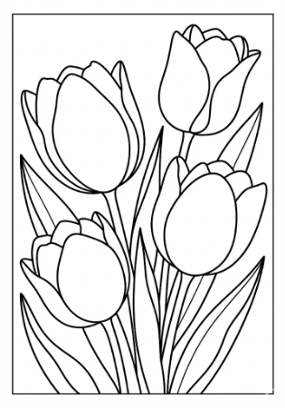 線が太く塗りやすい、4本のチューリップが描かれたシンプルな塗り絵