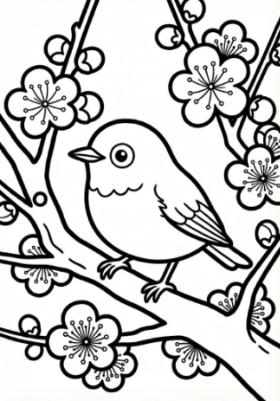 春の塗り絵「ウメジロー」。梅の木にとまるメジロの線画イラスト