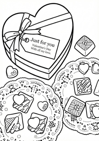 バレンタインのハート型の箱とチョコレートの塗り絵。高齢者施設でも使いやすいおしゃれな線画