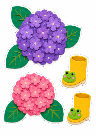 おそろい壁面飾り(はっきりした色合いのアジサイと長ぐつ)