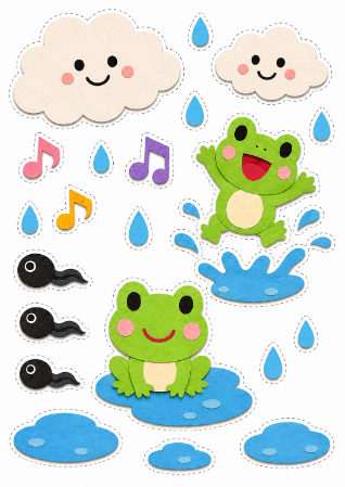 おそろい壁面飾り(はっきりした色合いのカエルと水たまり)