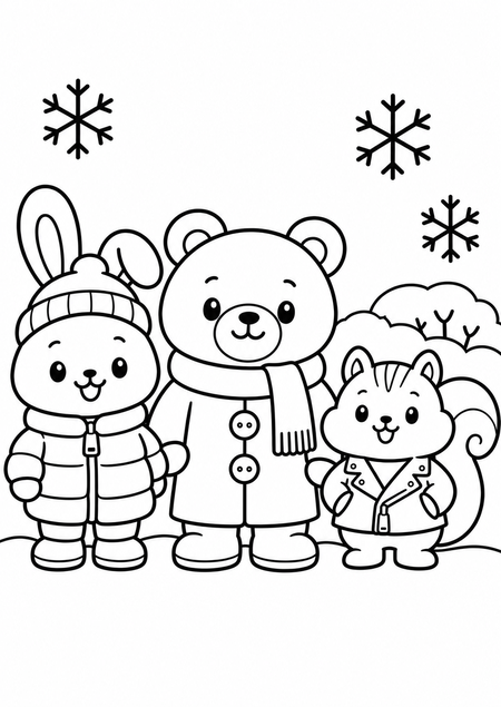 冬服を着たうさぎ、くま、りすの子供向け無料塗り絵。コート、マフラー、帽子、雪の結晶の線画イラスト